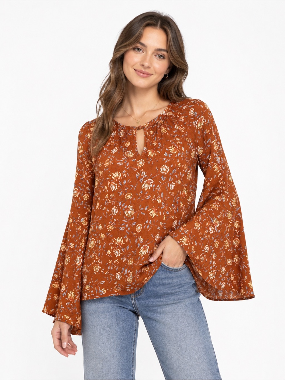 Western boho top, bell sleeve‎ blouse, floral peasant top country concert outfit